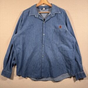 VINTAGE Tommy Hilfiger Shirt Mens XL Loose Baggy Blue Denim Jean Crest Flap